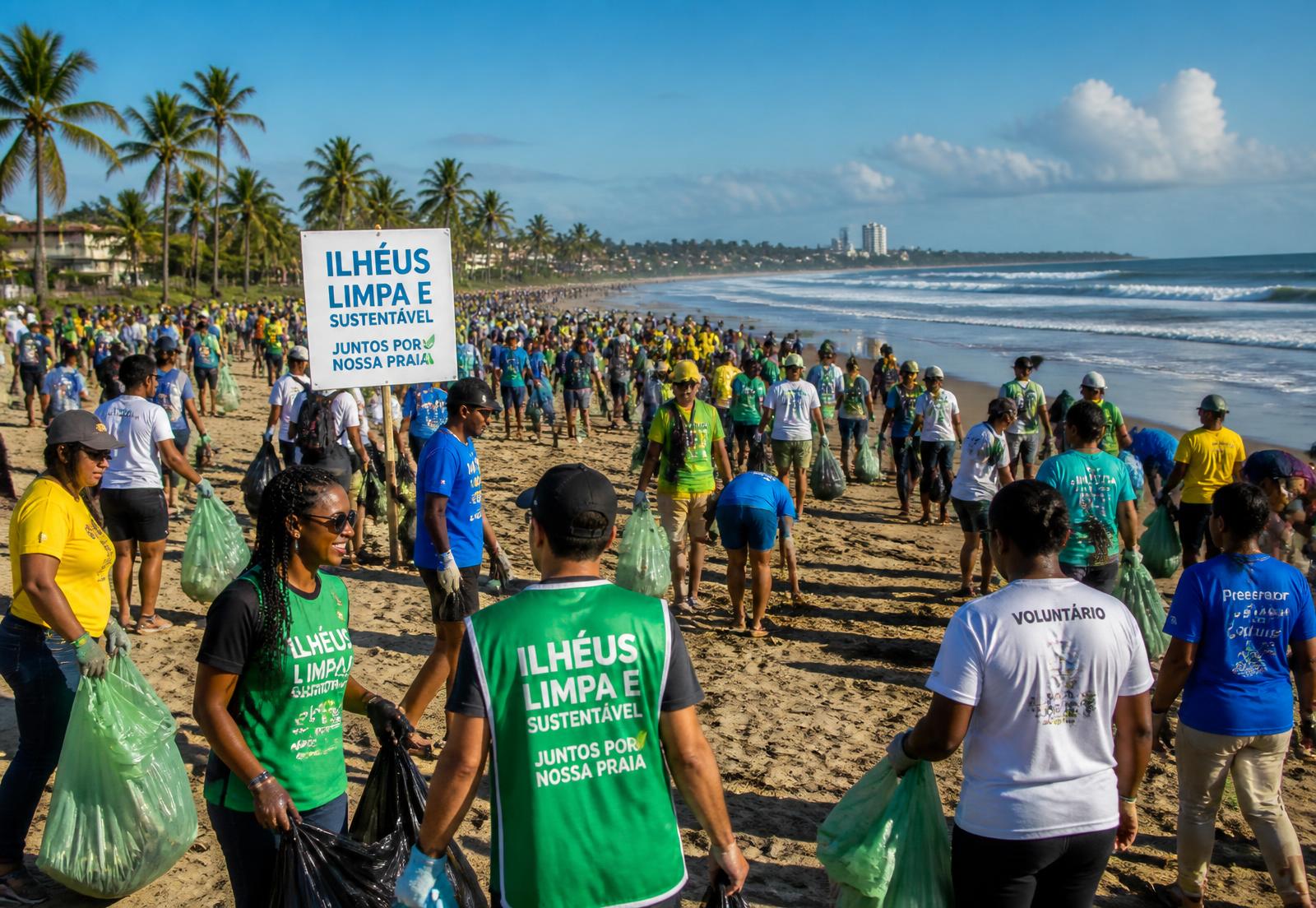 Multidão de voluntários recolhendo lixo na praia de Ilhéus em uma manhã de sol